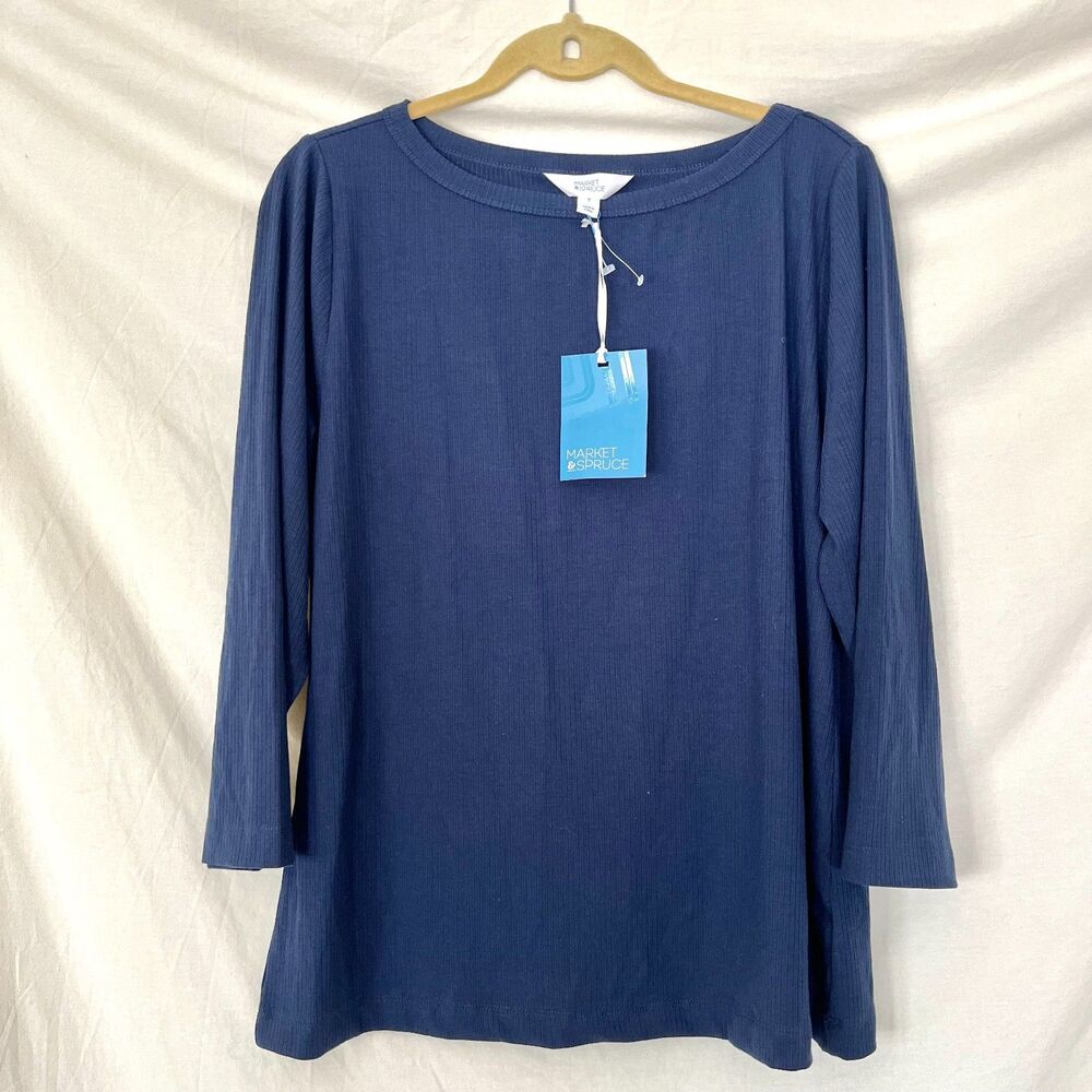 NWT Market & Spruce women's blue ribbed 3/4-sleeve boatneck top 1X